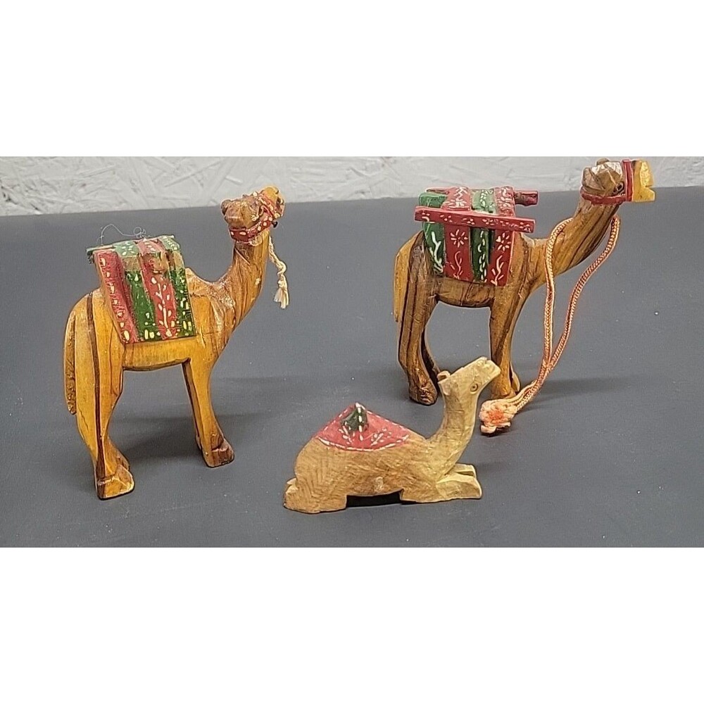 Lot of 3 Olive Wood Hand Carved Camel Nativity Figurines ornaments (2) 4" & 2"